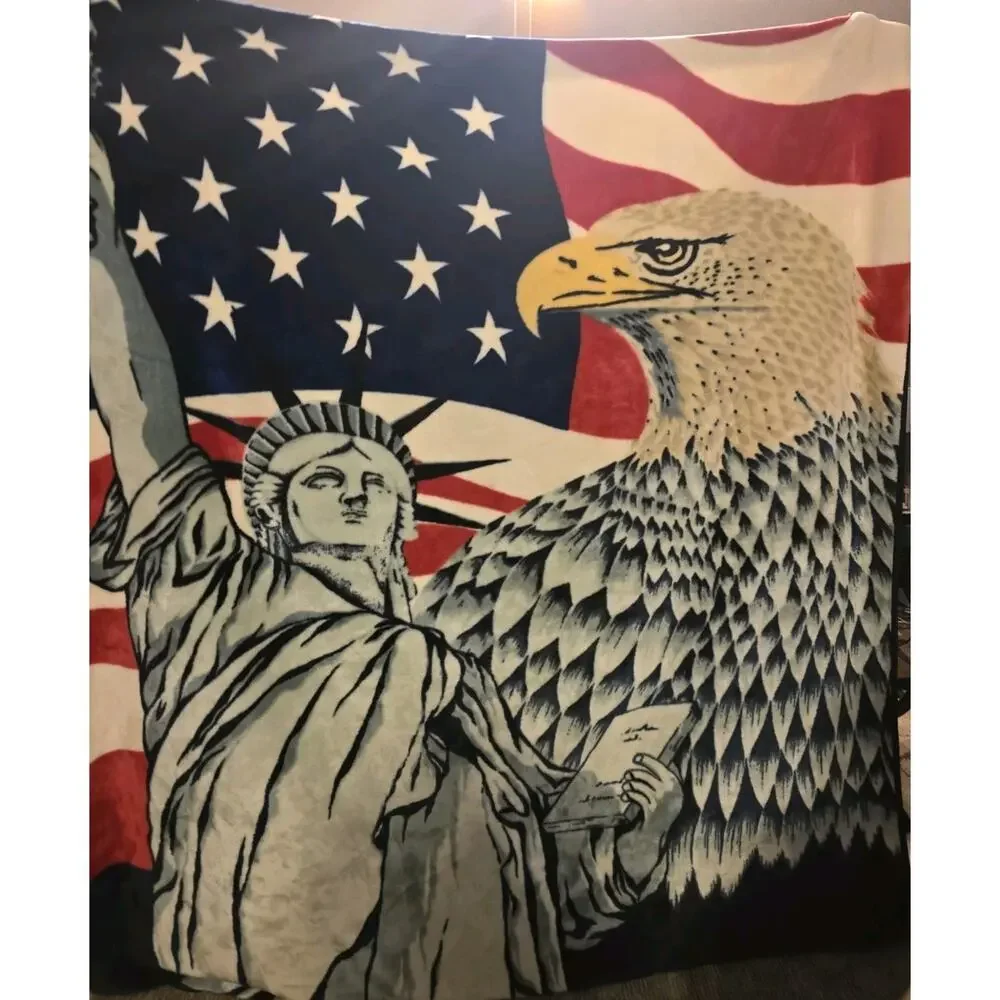 Vintage Eagle Statue Of Liberty Blanket Korea Plush Fuzzy 79”X94” Patriotic USA